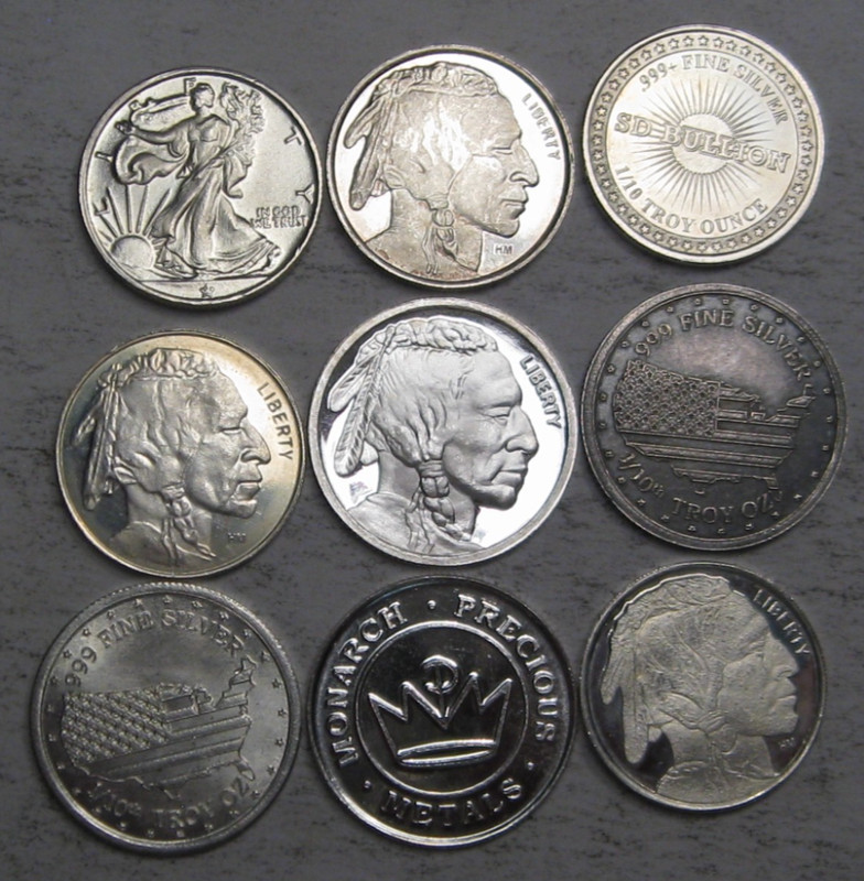 9 Silver 1/10 oz .999 Mixed Rounds. #37 w