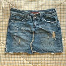Vanilla Star Distressed Denim Mini Skirt Blue Low Rise Y2K Frayed Hem Size 9