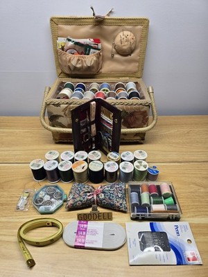 Vintage Large Handmade Sewing Basket With Inside Tray W/ Lots Of Sewing Supplies