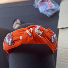 Handmade Orange Football Headband With Grown And White Beaded Footballs.