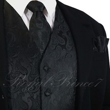 BLACK XS to 6XL 20-B Paisley Tuxedo Suit Dress Vest Waistcoat  Neck tie Hanky