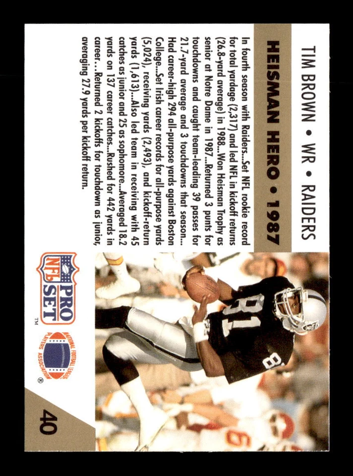 Tim Brown 1991 Pro Set FACT Mobil #40 Los Angeles Raiders - Image 2 of 2