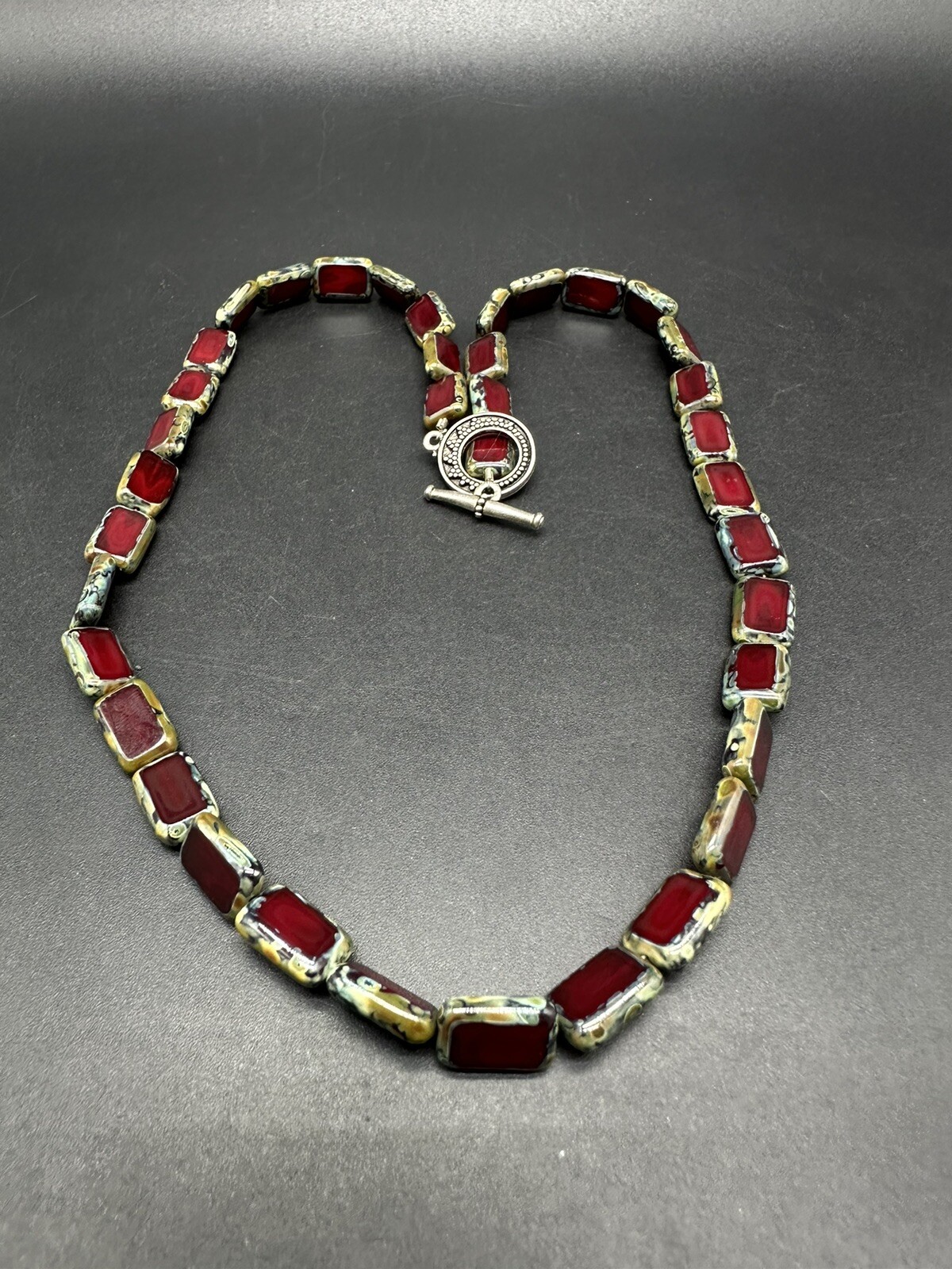 Stone Silver Tone Statement Toggle Necklace Red L… - image 1