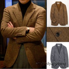 British Retro Men's Tweed Herringbone Suit Coat Wool Blend Lapel Blazer Jacket