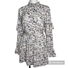 Nasty Gal Floral Mini Dress 10 White Purple Lavender Floral Flowers Ruffles