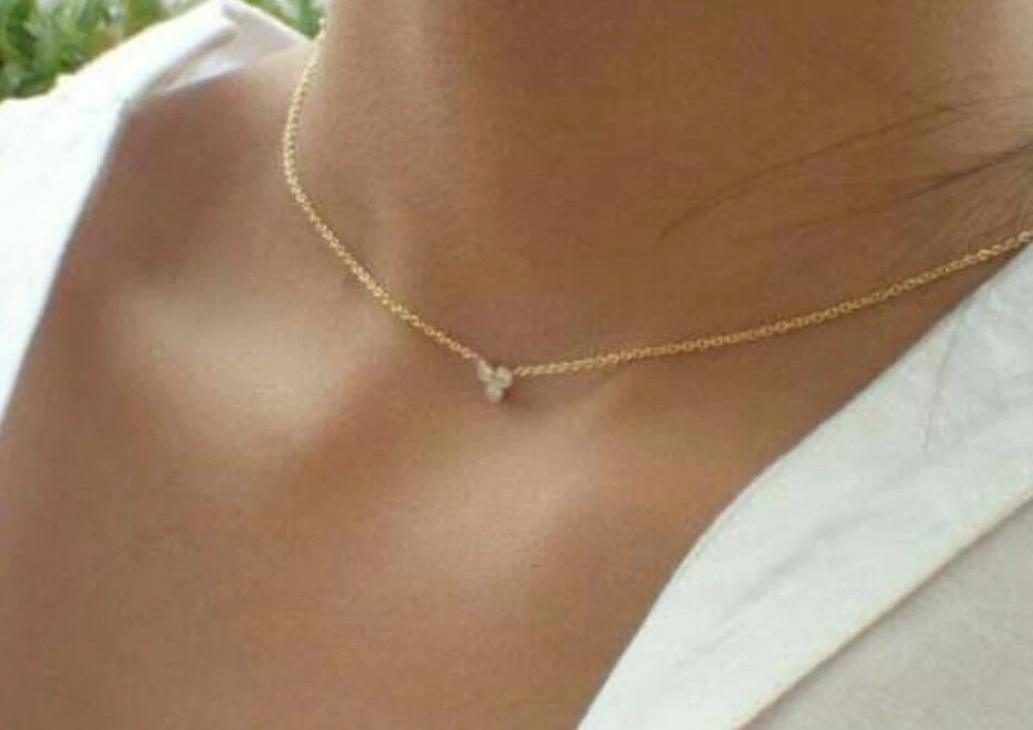 14K Solid Gold Three Diamond Necklace For Women Cluster Diamond Necklace. - Image 2 of 4