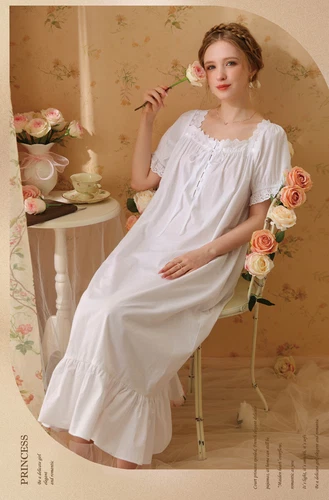 Damen Baumwolle Nachthemd Kurzarm eckiger Ausschnitt Pyjama Schlafkleid - Bild 13 von 34