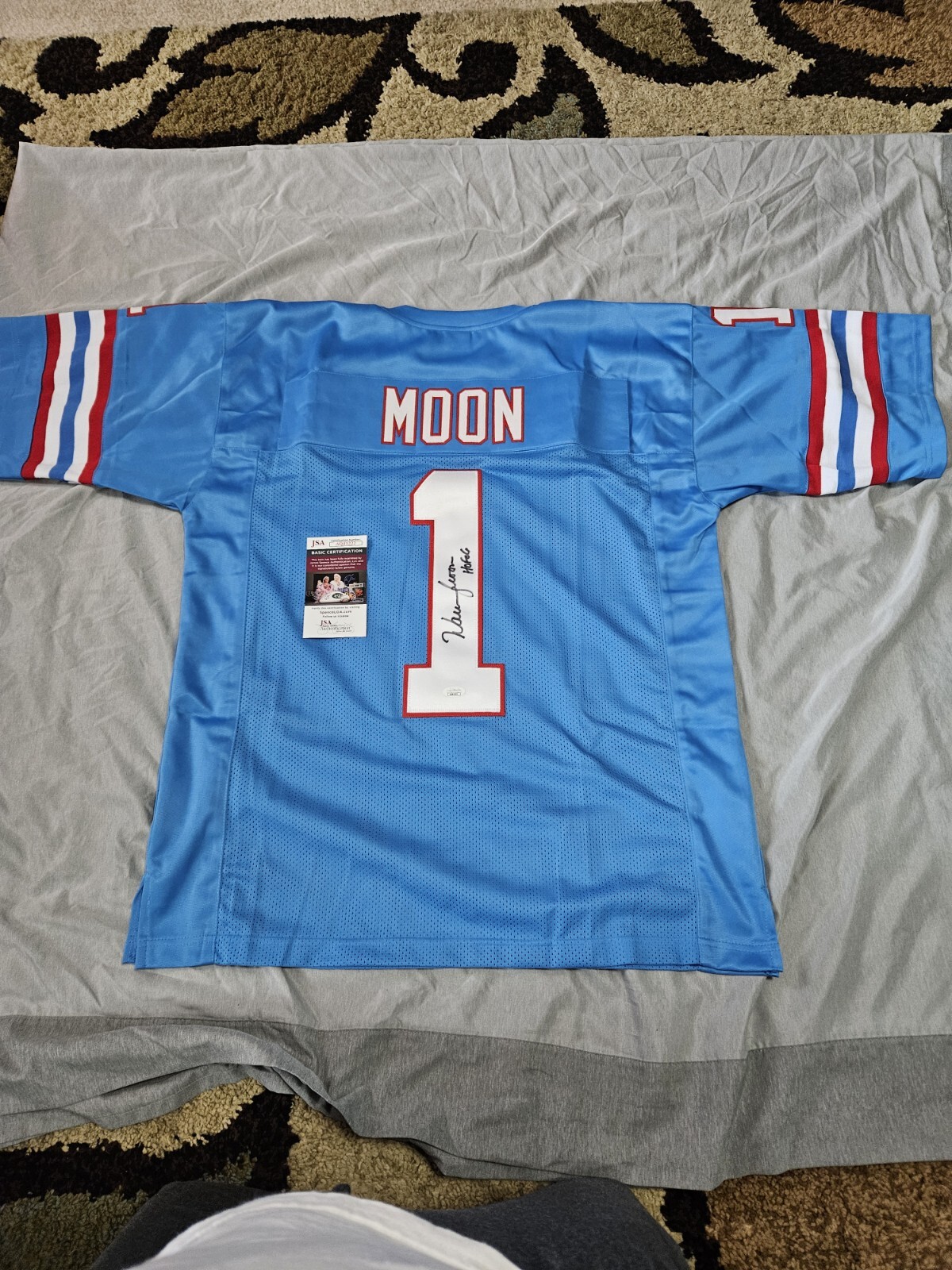 Warren Moon Autographed Signed Houston Oilers / HOF 06 Houston Blue Football Jersey JSA COA Auto 