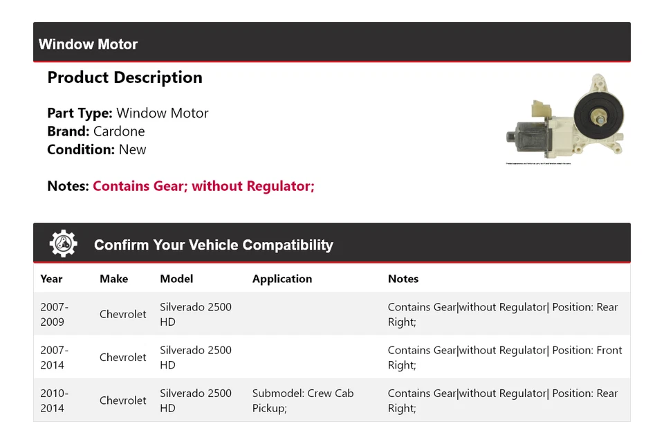 Para Chevrolet Silverado 2500 HD 2007-2014 ventana motor cardone 2008 2009 2010 Foto 2 de 4