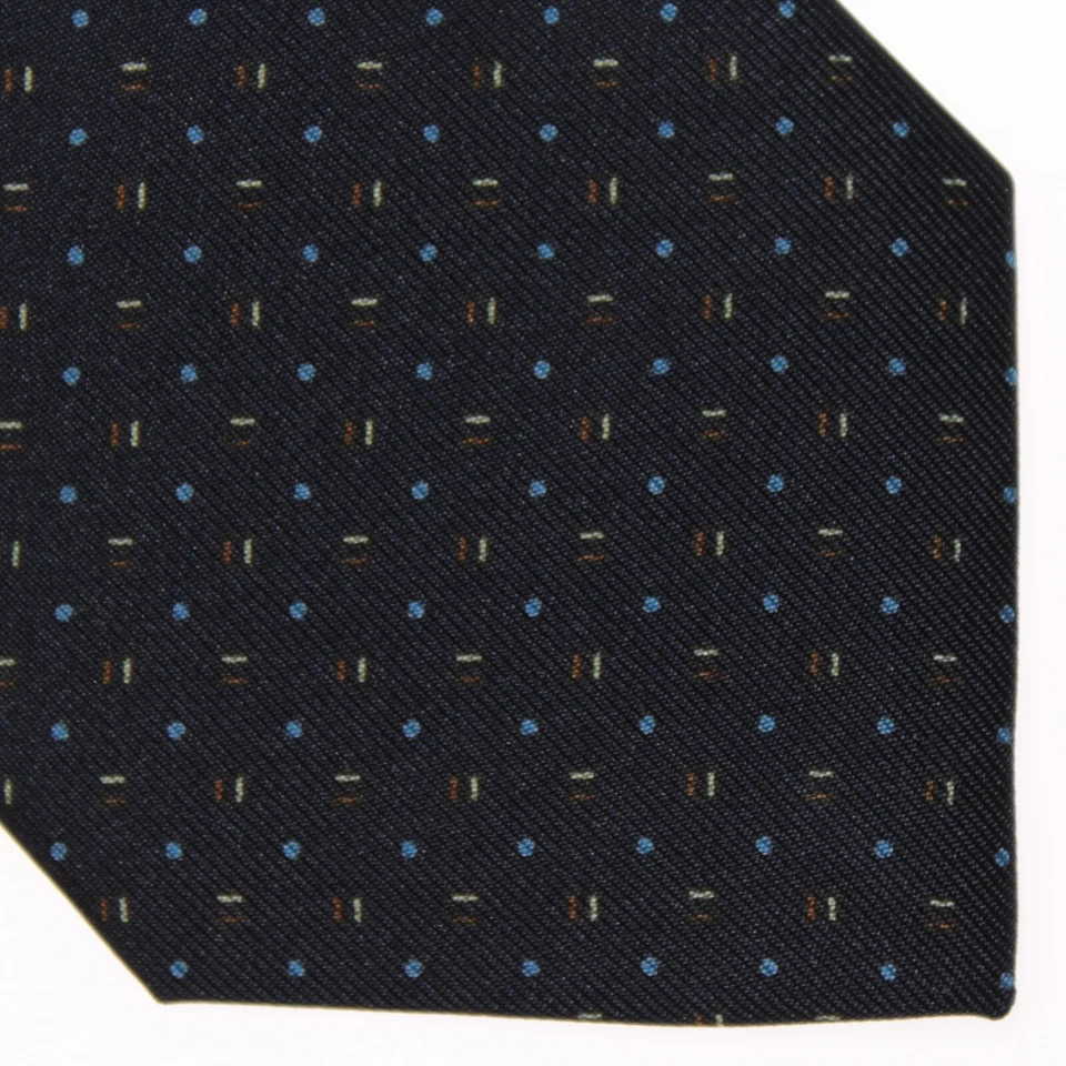 Drake's новый с Ярлыками галстук в темно-синий с синий/коричневый/белый геометрический узор 100% шелк - Изображение 2 из 4