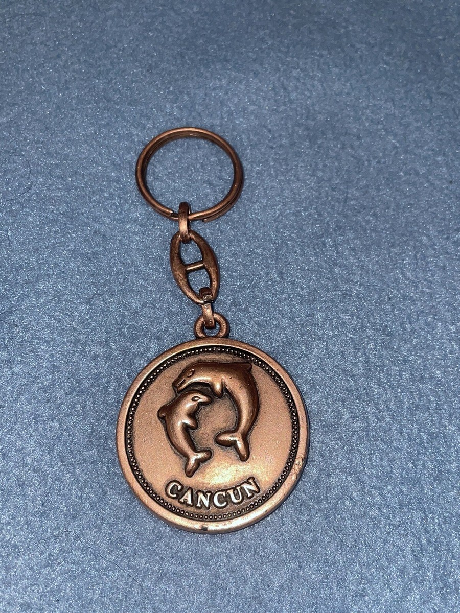 VTG Cancun Mexico Copper Dolphin Aztec Keychain Metal Medallion
