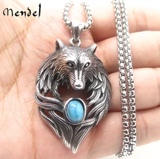 MENDEL Mens Stainless Steel Turquoise Wolf Head Pendant Necklace For Men Women
