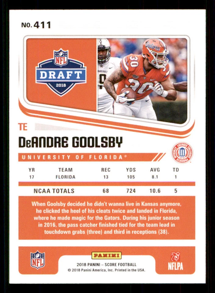 2018 Score #411 DeAndre Goolsby RC - Image 2 of 2