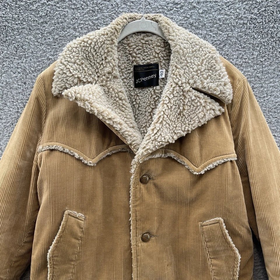 Abrigo de Colección Años 70 JC Penney Hombres 40 Tostado Pana Western Marlboro Rancho Piel de Oveja Foto 2 de 4