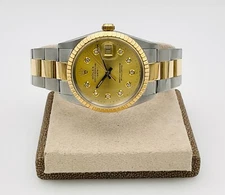 Rolex Stainless Steel & Gold Date 15053 34mm Gold Diamond Dial Auto Watch & Box