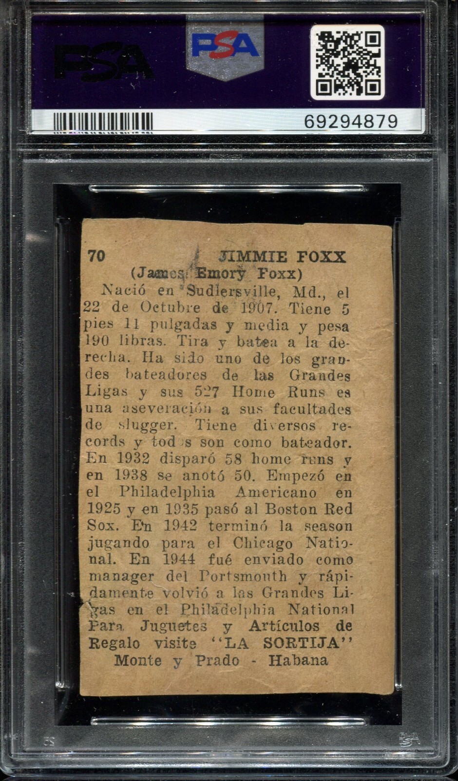 PSA GRADED PROPAGANDAS MONTIEL REYES DEPORTE Jimmie Foxx CUBAN Sortija Back