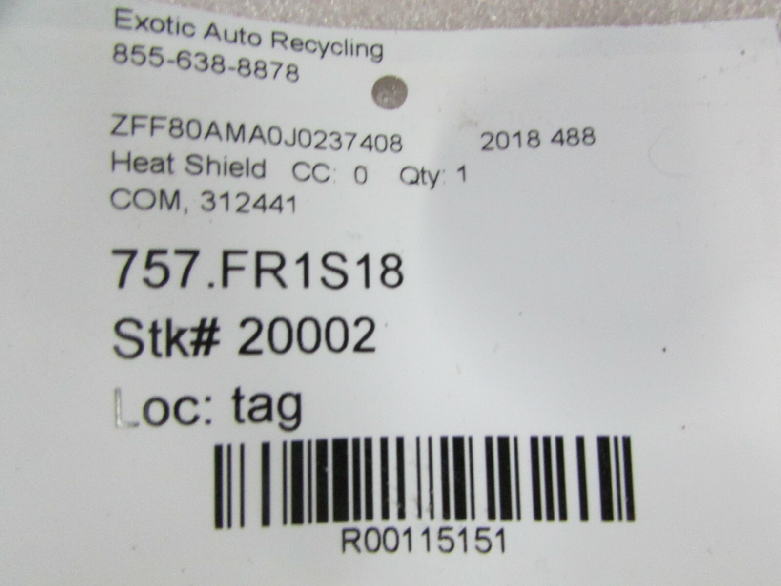 Ferrari 488, AC Compressor Heat Shield, Used, P/N 312441