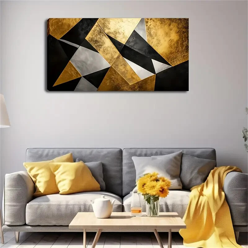 Modern Geometric Golden Black Wall Art Canvas Office Home Room Framed 120x60cm