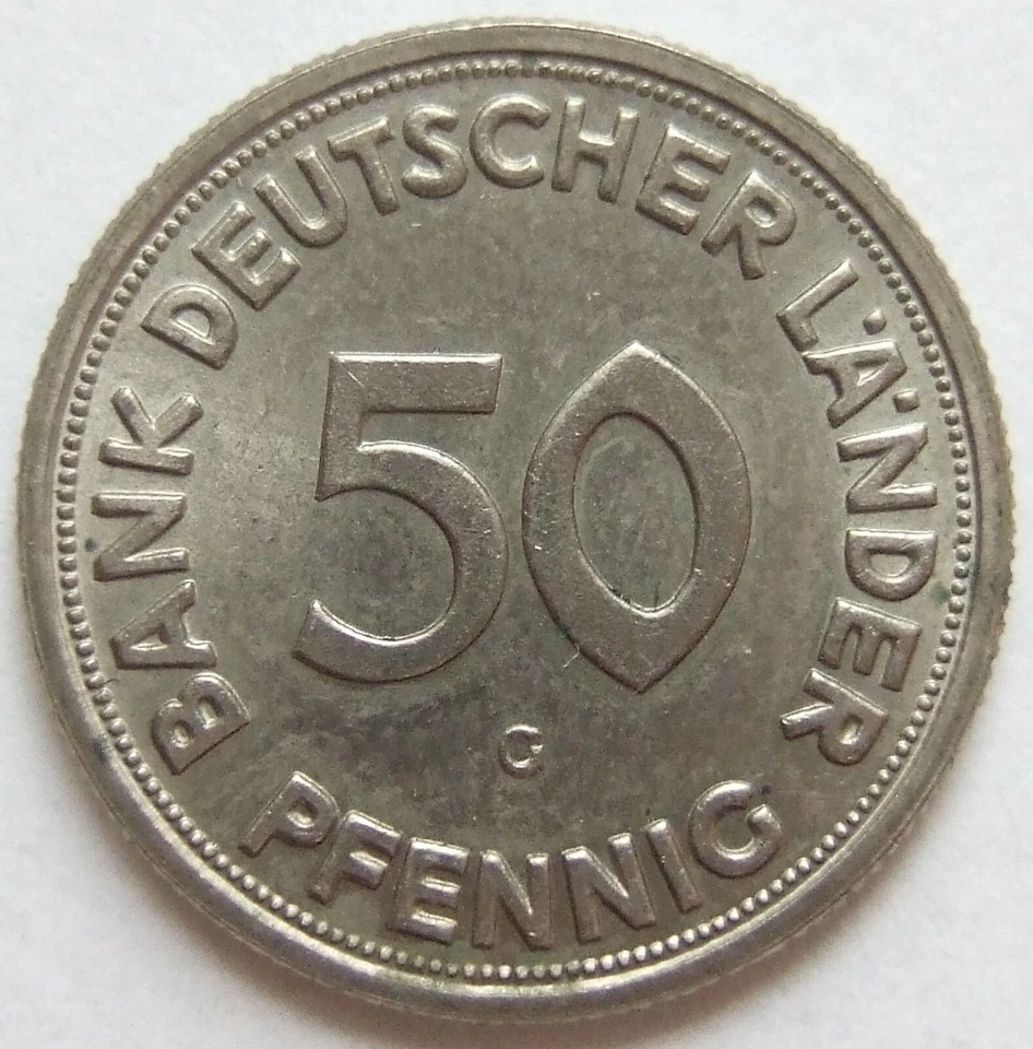 Münze 50 Pfennig Bank Deutscher Länder 1950 G in fast Stempelglanz - Bild 1 von 2