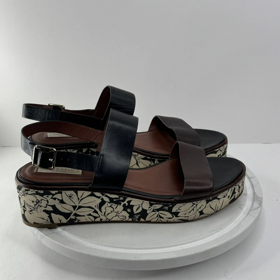 Sandalias Cole Haan Cambon Mujer Plataforma Floral Cuña Negras Doble Correa Talla 8.5 Foto 2 de 4