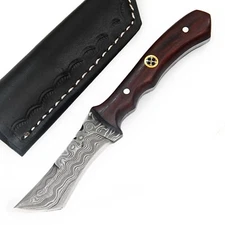 6.5" CUSTOM HANDMADE DAMASCUS WOOD HANDLE SKINNER WITH LEATHER SHEATH I12