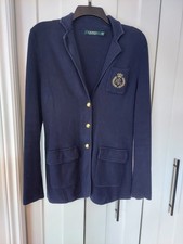 Women's Ralph Lauren Navy Blue Knit Blazer w/ Gold Crown Crest Logo Sz MEDIUM