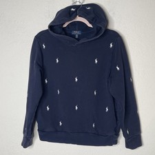 Polo Ralph Lauren Zip Up Hoodie Pony Allover Print Boys Sz L 14-16 Blue