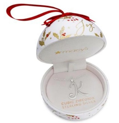 Ornament Box with Cubic Zirconia Initial Pendant Necklace in Sterling Silver,- K