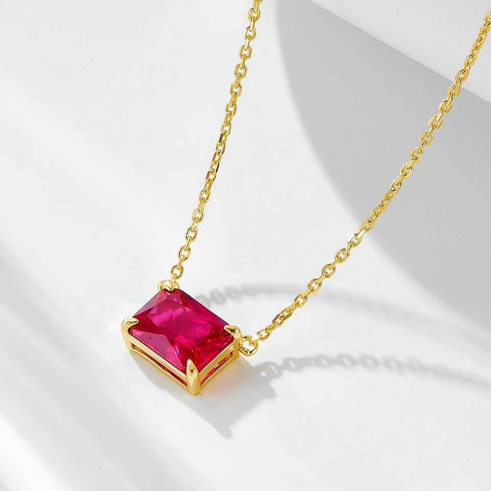 3.15 Ct Emerald Cut Natural Ruby Solitaire Pendant Necklace 14K Yellow Gold - Image 4 of 4