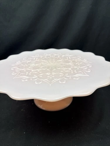 Fenton Spanish Lace Pink Milk Glass Scalloped Pedestal Cake Stand/Plate MCM VTG