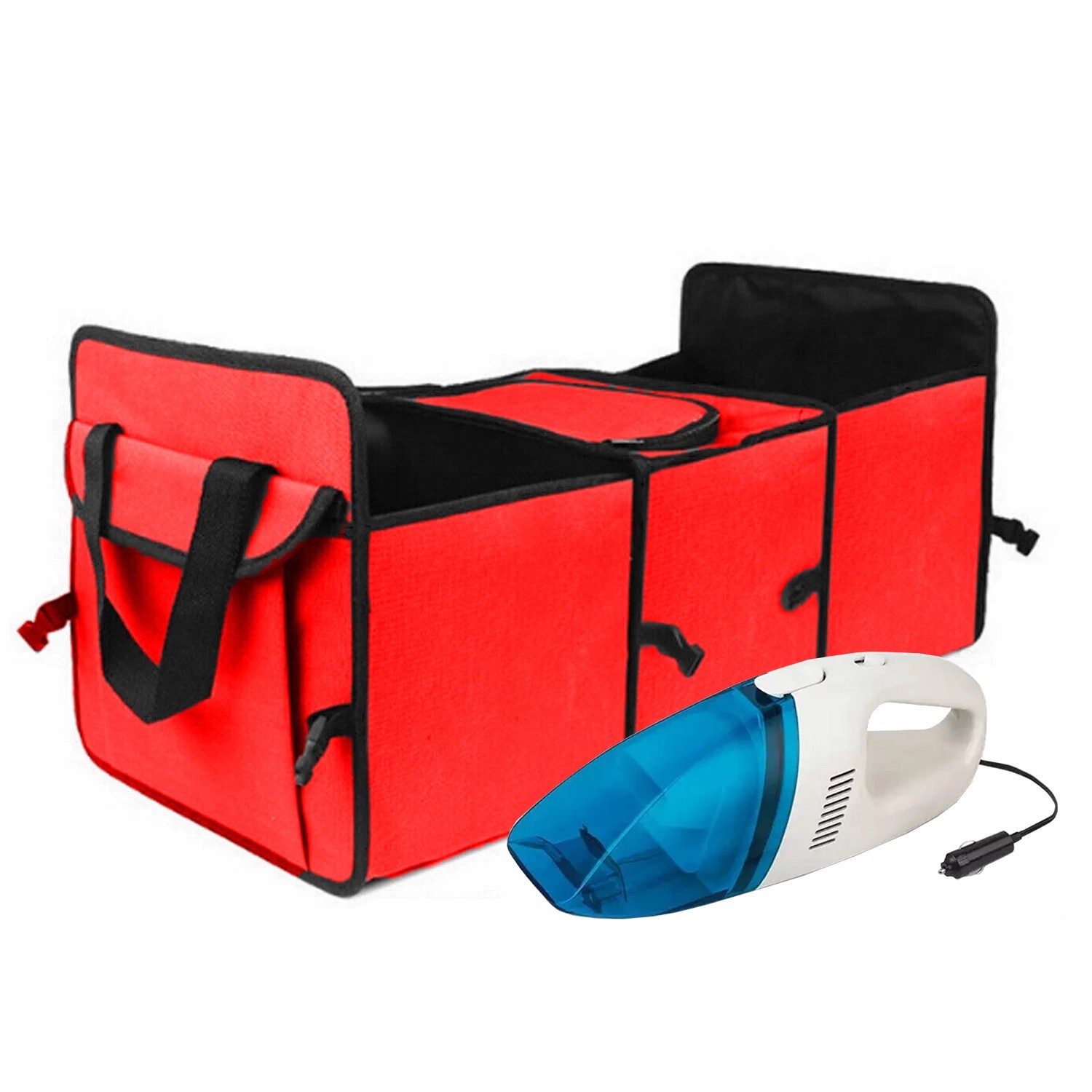 Red Collapsible Boot Organiser & Car Vacuum Set Foldable Heavy Duty Tidy