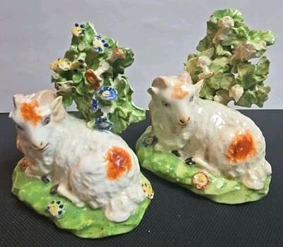 Rare Derby Porcelain c.1765 Pair Of Sheep Ram & Ewe With Bocage Of Flowers
