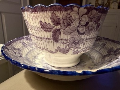 Antique  Mulberry Transferware Handleles cup saucer