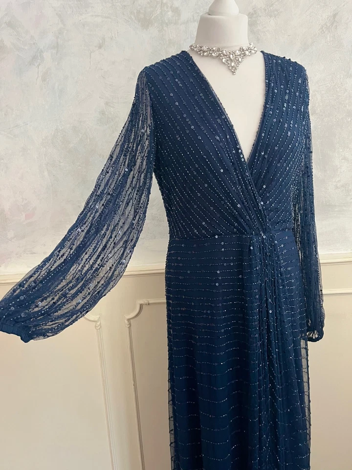 AFTERSHOCK Blue Bead Sequin Full Length Elegant Flared Occasion Maxi Dress M - Image 2 of 4