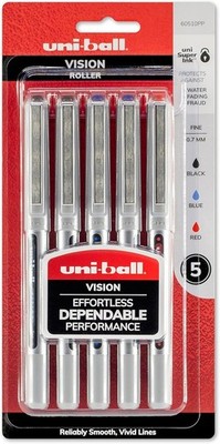 Uni-ball Vision Rollerball Pens Fine Point 0.7mm 5 Pack Black Blue Red 60510PP
