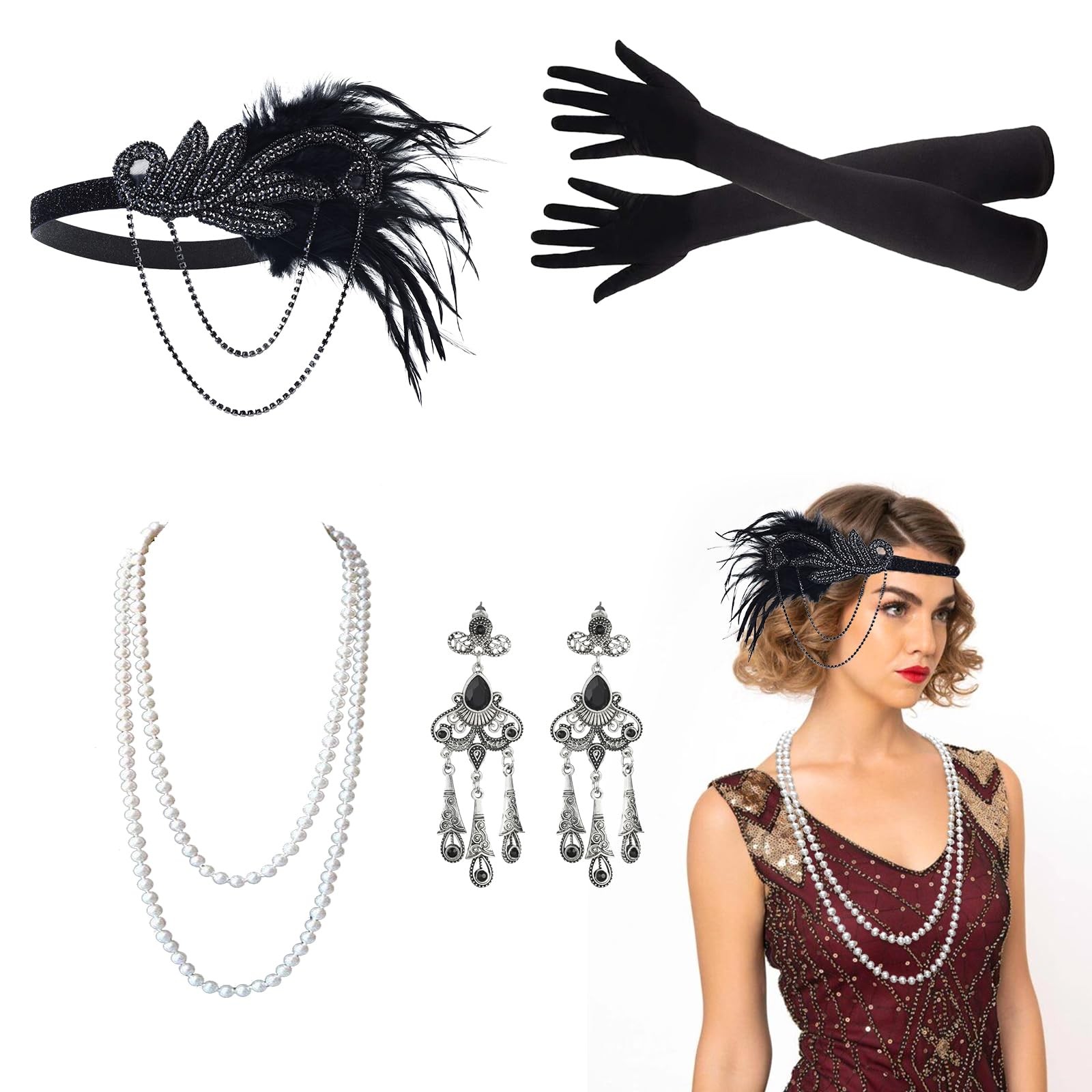 Kit accessoires Gatsby le Magnifique 1920 avec bandeau plume et gants satin