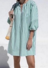 AYR Women XS Green White Stripe Portofino Poplin Balloon Sleeve Mini Dress