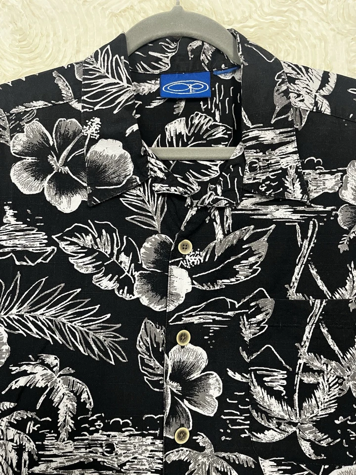 Camisa de cabaña hawaiana surfista algodón blanco negro OP Ocean Pacific vintage L Foto 3 de 4