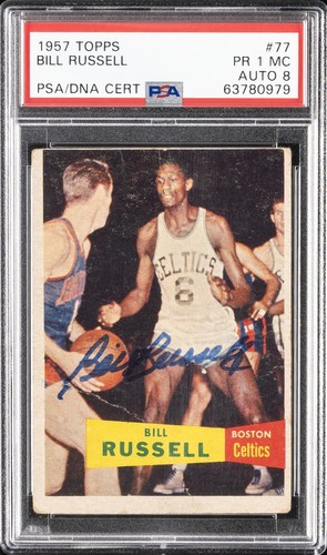 1957 TOPPS #77 BILL RUSSELL PSA 1 MC AUTO 8