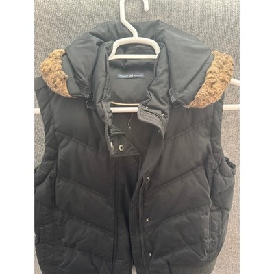 Gap Men's Black Down Puffer Vest Faux Fur Trim Hooded Quilted Full