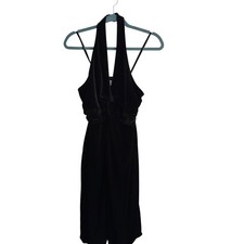 London Times Black Velvet Halter Neck Midi Dress Size 14