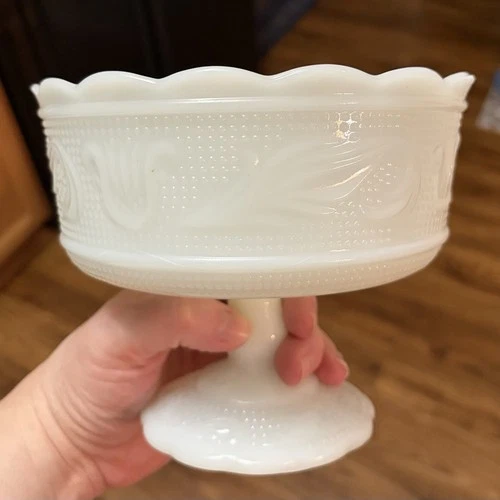 Vintage EO Brody White Milk Glass Pedestal Compote Bowl Scalloped Edge USA