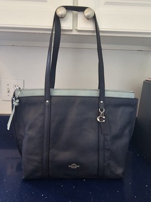 Coach May Navy Blue Pebbled Leather Tote Shoulder Bag Two Tone Light Blue Trim 