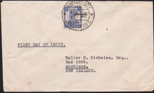 PAKISTAN 1947 (1 Oct) GVI 3½a overprint on First Day cover to New Zealand .D7221