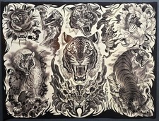 2018 Original Tim Lehi Traditional Tattoo Flash Sheet, Stamped Tigers 18X24