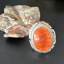 Women Orange Spiny Oyster Navajo Sterling Silver Ring Sz 7.5 N American 16030