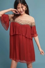 Anthropologie Isadora Clay Brown Sequin Ruffle Mini Dress Small Petite SP