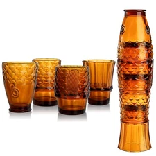 Frcctre Set of 4 Koi Fish Design Drinking Glasses, Stackable Amber Tumbler Gl...