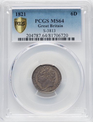 GREAT BRITAIN GEORGE IIII 1821 6 PENCE SILVER COIN, UNCIRCULATED PCGS MS64