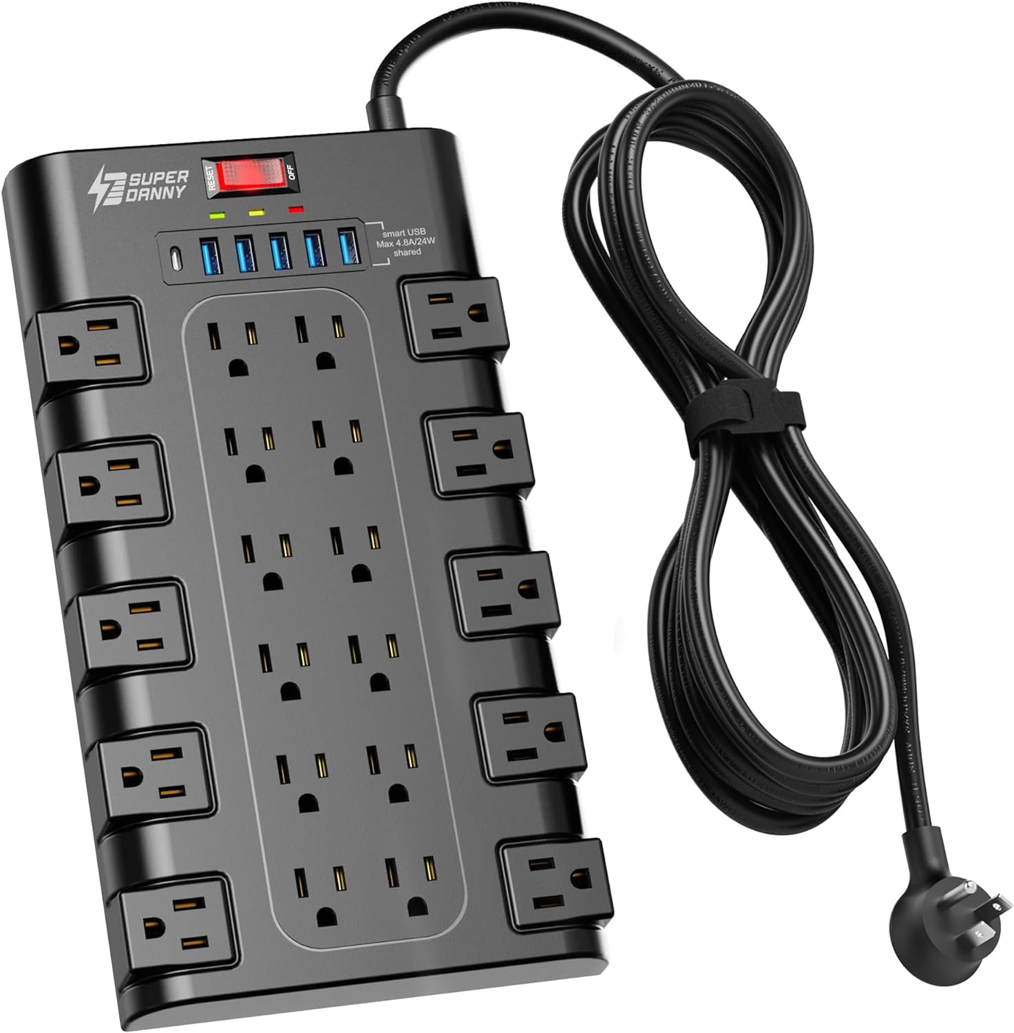 Extension Cord 10Ft Power Strip Surge Protector 6 USB Charging Port 22 AC Outlet-image